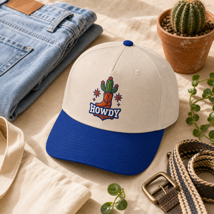 Howdy Cactus embroidered hat in royal and natural styled with a western weekend outfit