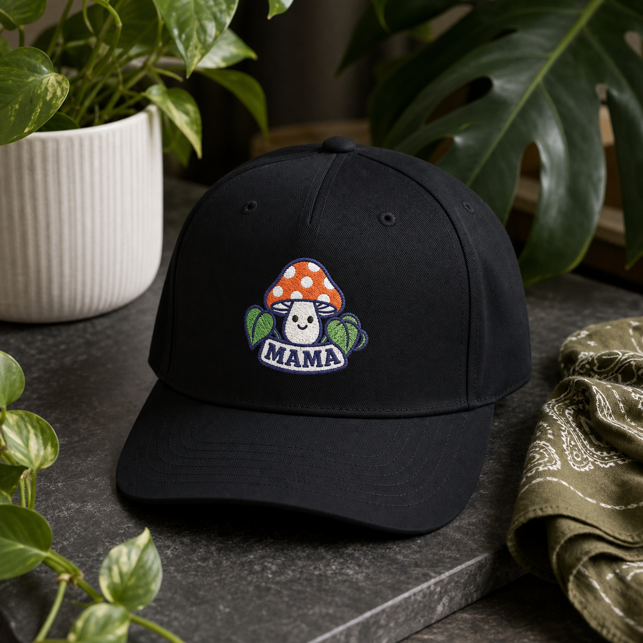 Mama Mushroom embroidered hat in black styled in an indoor jungle product scene