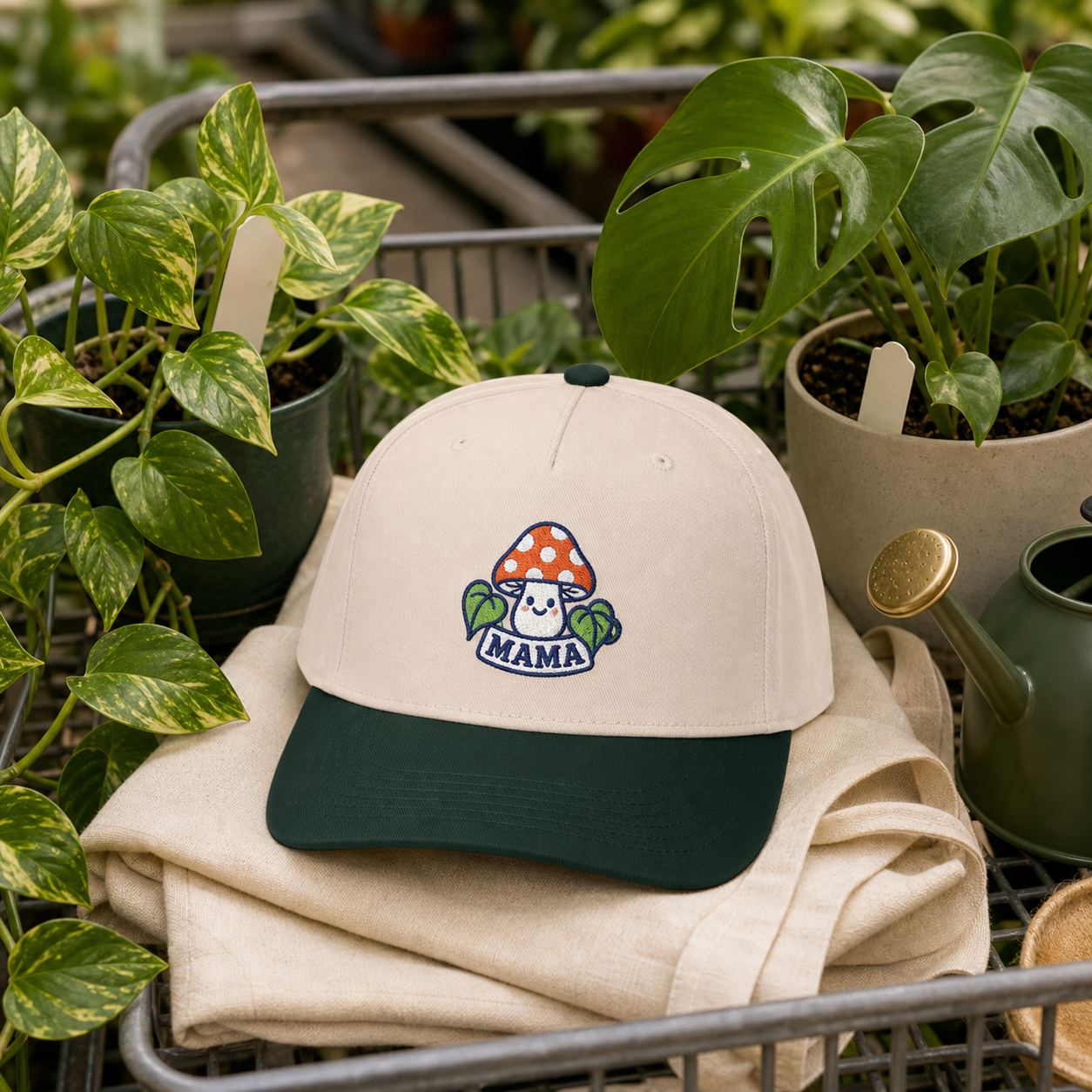 Mama Mushroom embroidered hat in green and natural on a plant nursery cart with houseplants
