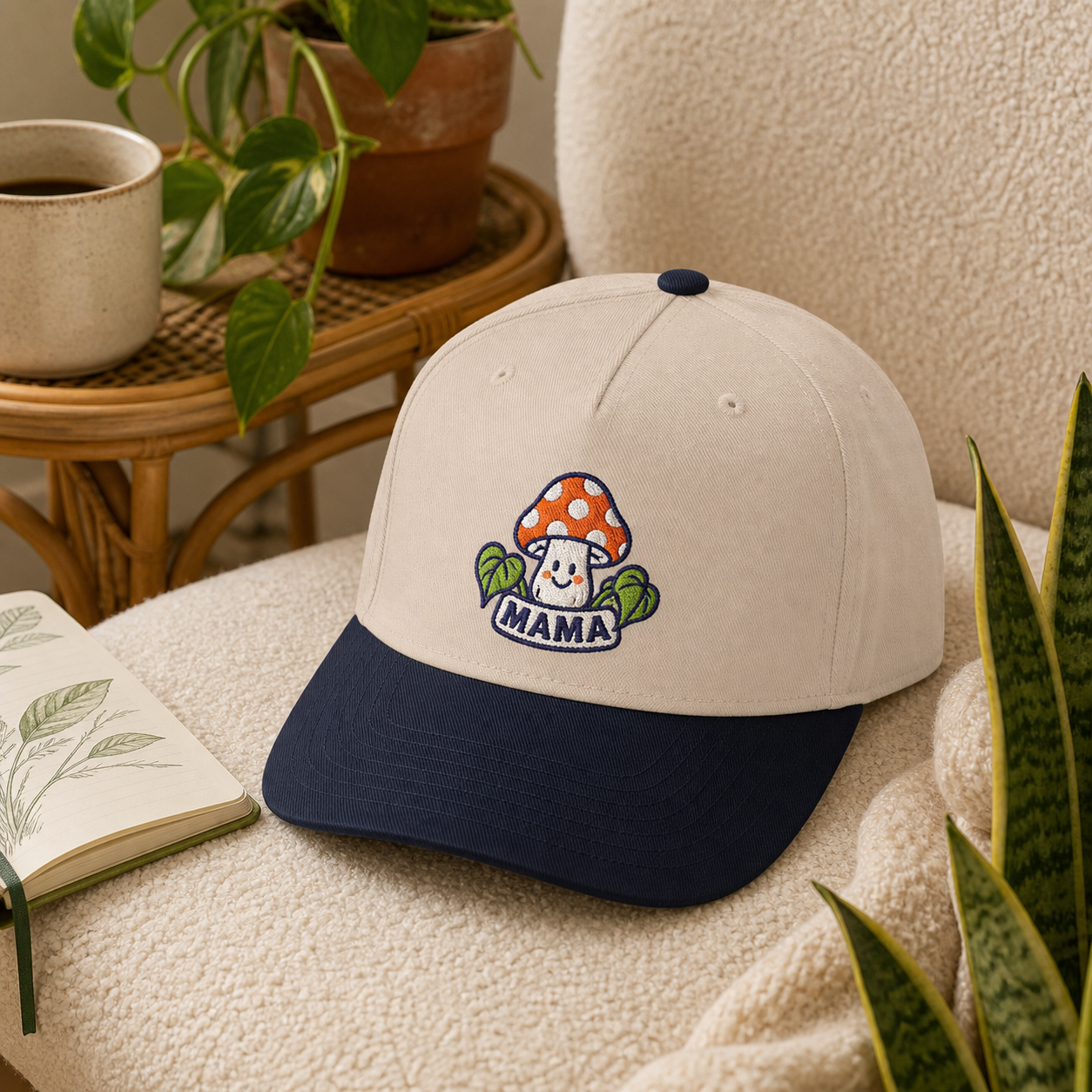 Mama Mushroom embroidered hat in navy and natural styled in a cozy plant lover home scene