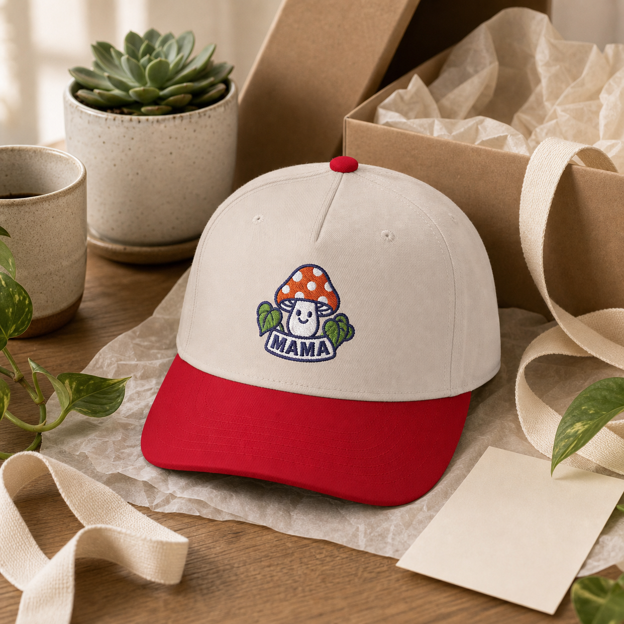 Mama Mushroom embroidered hat in red and natural styled as a plant lover gift
