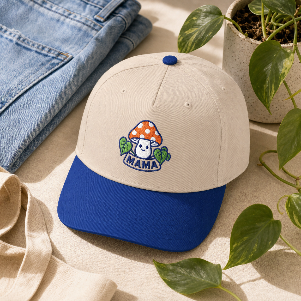 Mama Mushroom embroidered hat in royal and natural styled with a weekend outfit flat lay