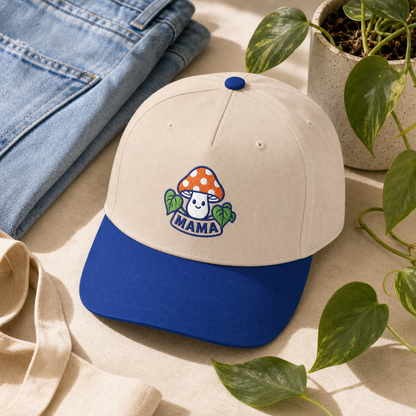 Mama Mushroom embroidered hat in royal and natural styled with a weekend outfit flat lay