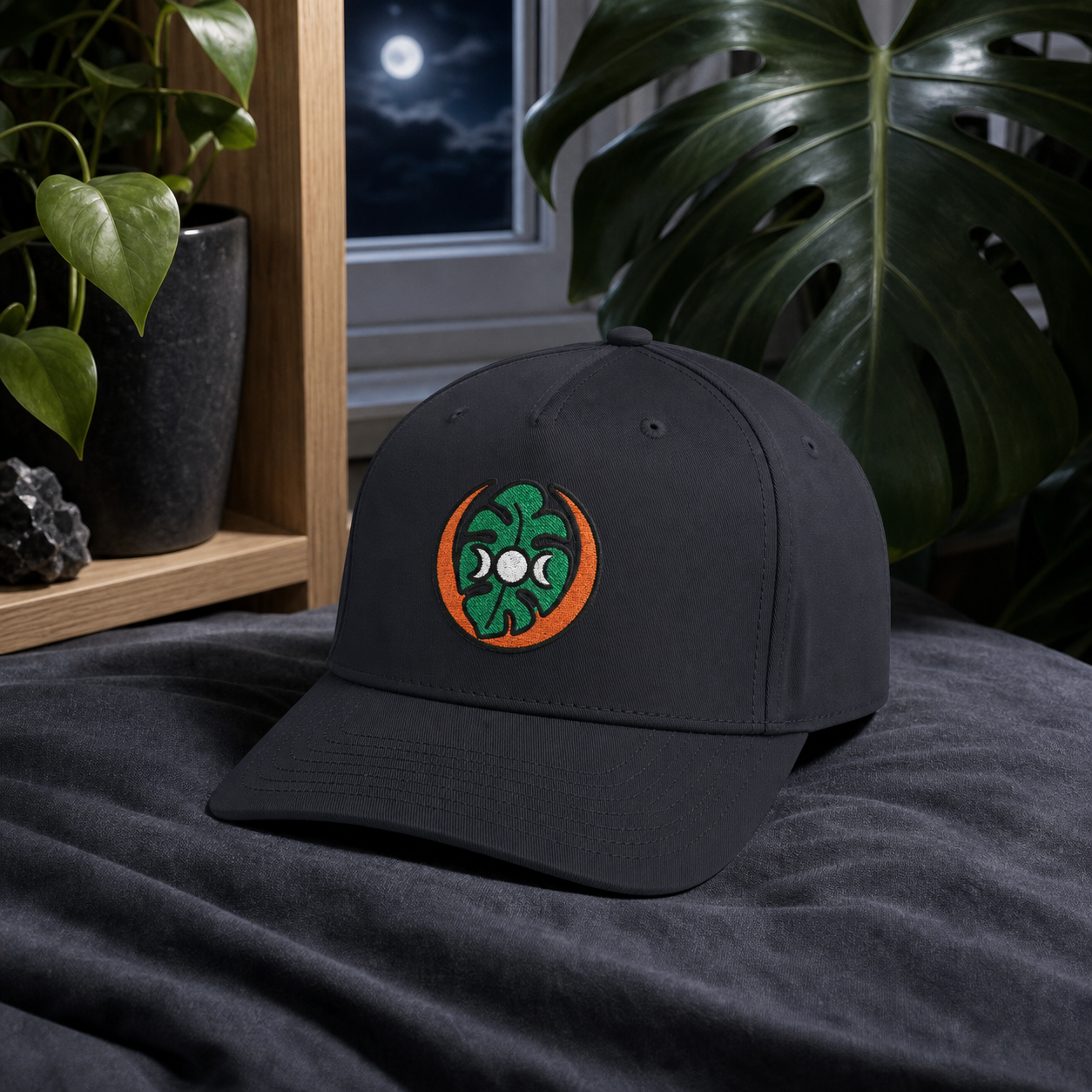 Midnight Monstera embroidered hat in Black
