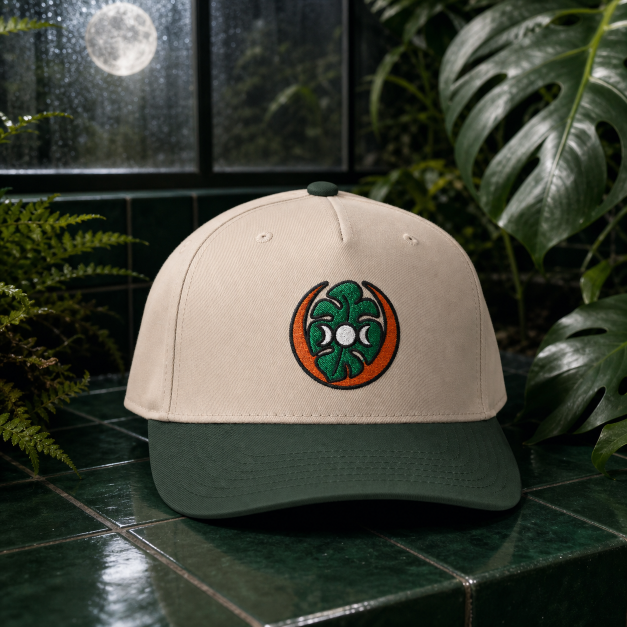 Midnight Monstera embroidered hat in Dark Green / Natural