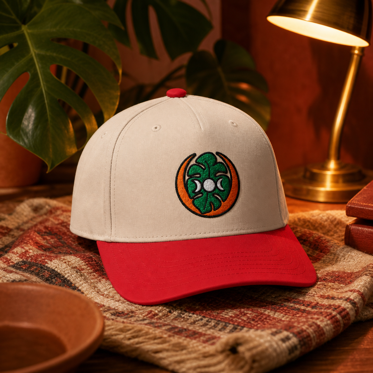 Midnight Monstera embroidered hat in Red / Natural