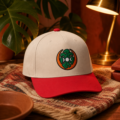 Midnight Monstera embroidered hat in Red / Natural