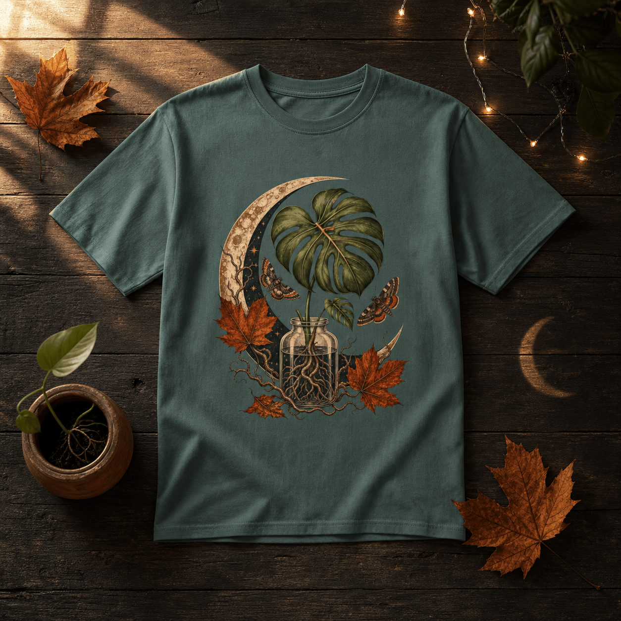 Moonlit Monstera Propagation T-Shirt in a Halloween fall botanical flat lay