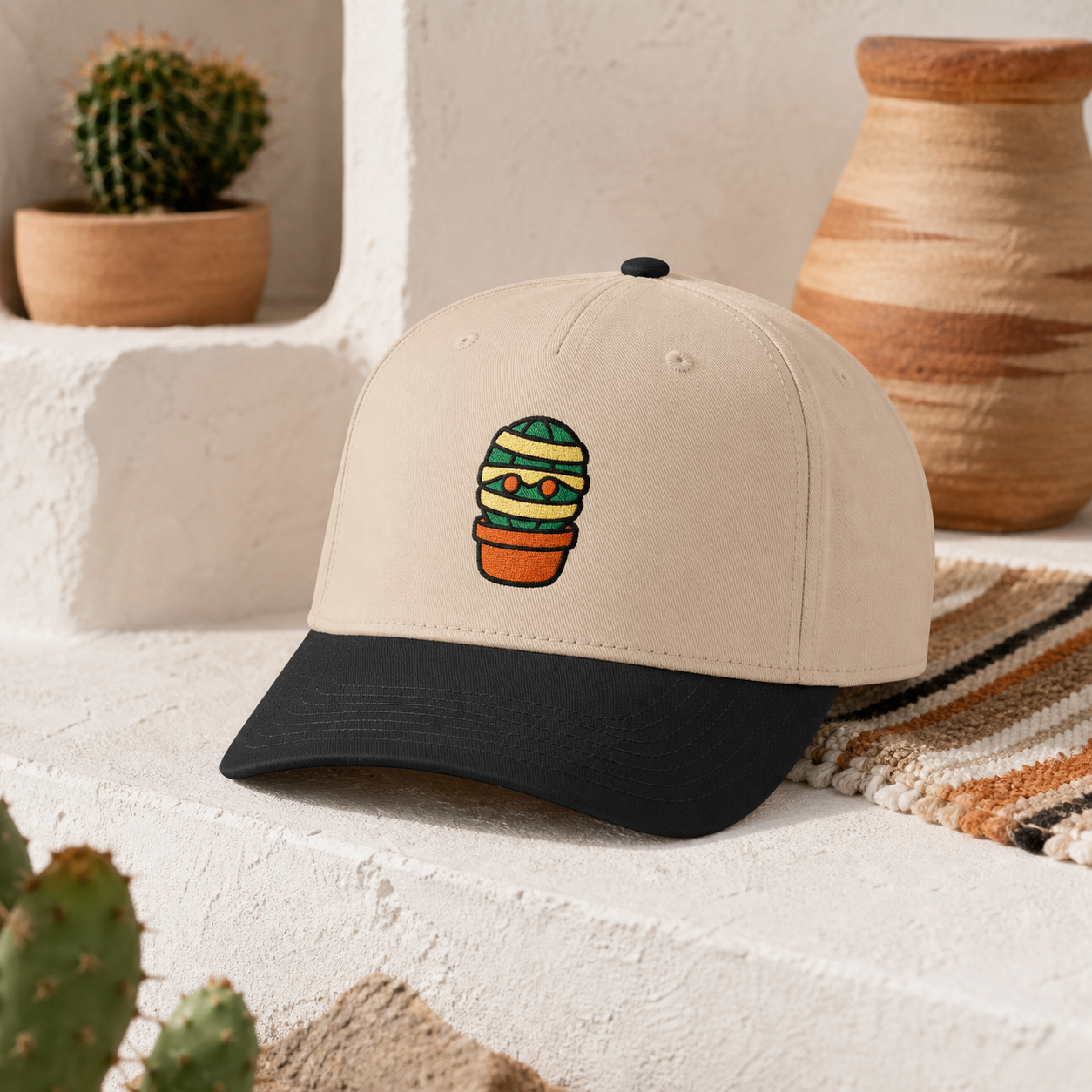 Mummy Cactus embroidered hat in Black / Natural