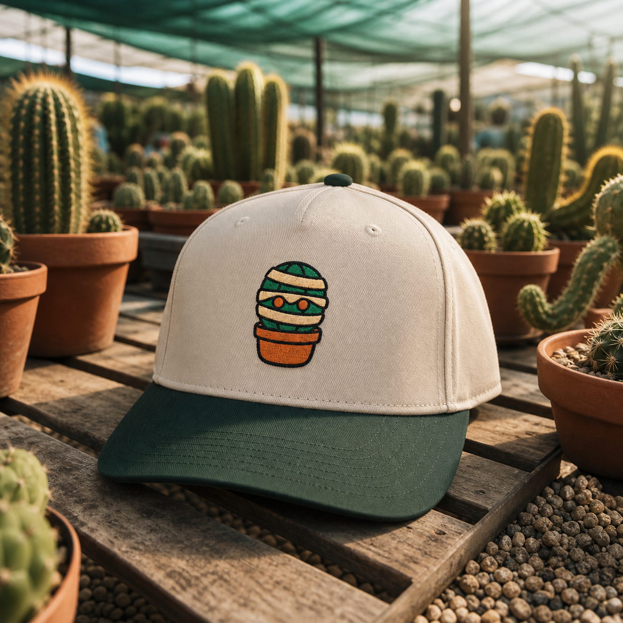 Mummy Cactus embroidered hat in Dark Green / Natural