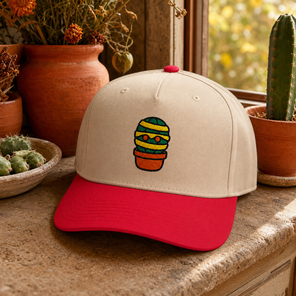 Mummy Cactus embroidered hat in Red / Natural