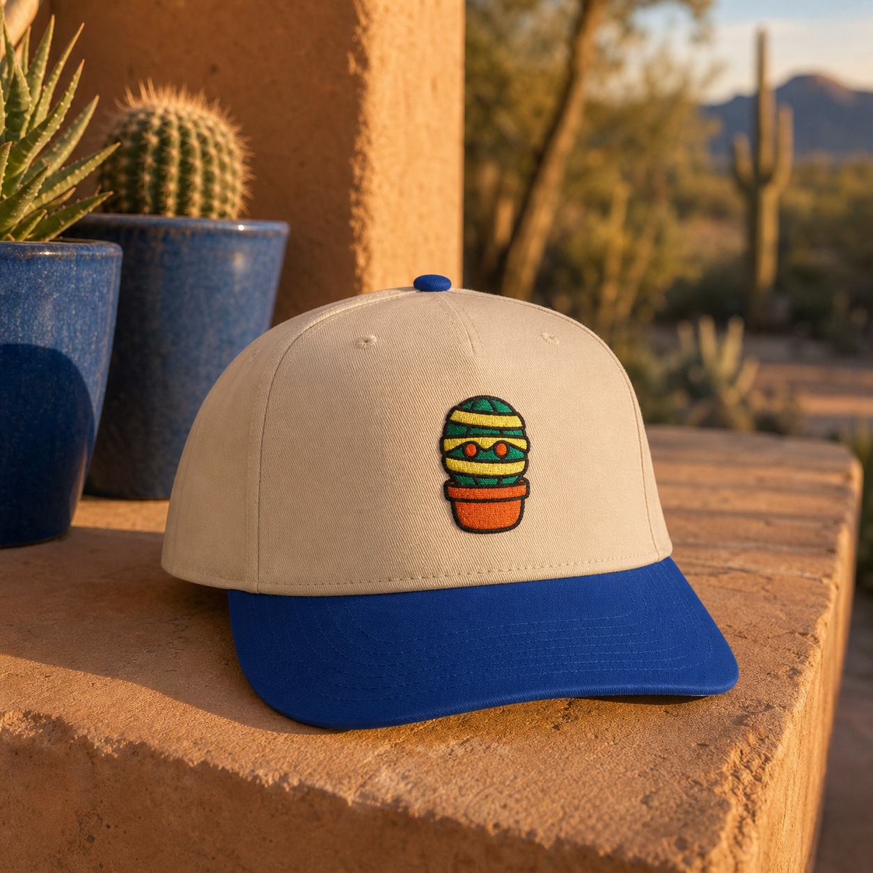 Mummy Cactus embroidered hat in Royal / Natural