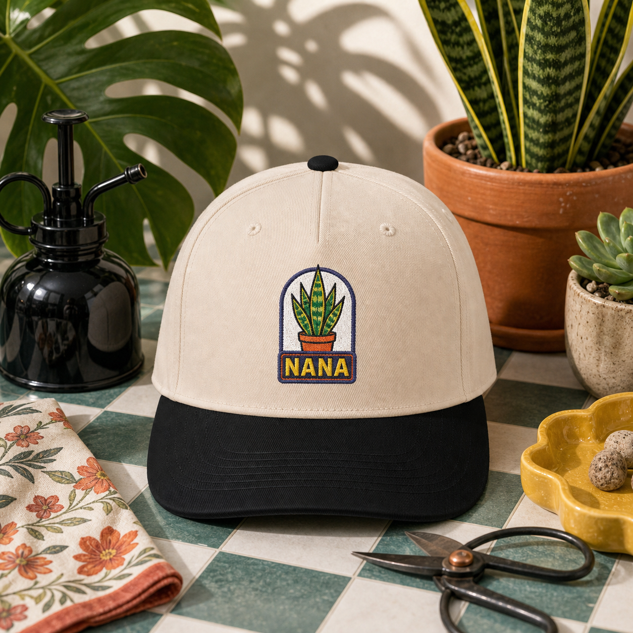 Nana Snake Plant embroidered hat in Black / Natural on a tiled plant counter