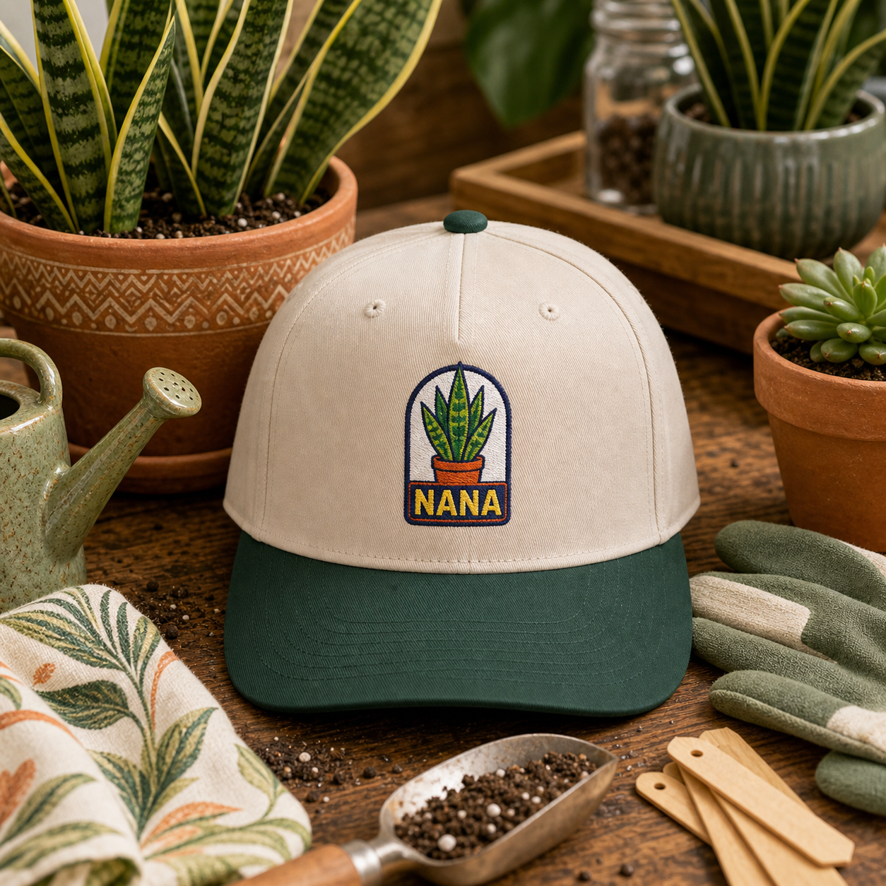 Nana Snake Plant embroidered hat in Dark Green / Natural on a snake plant potting table
