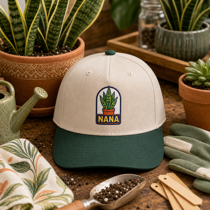 Nana Snake Plant embroidered hat in Dark Green / Natural on a snake plant potting table