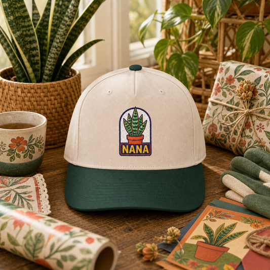 Nana Snake Plant embroidered hat in Dark Green / Natural styled as a plant lover gift