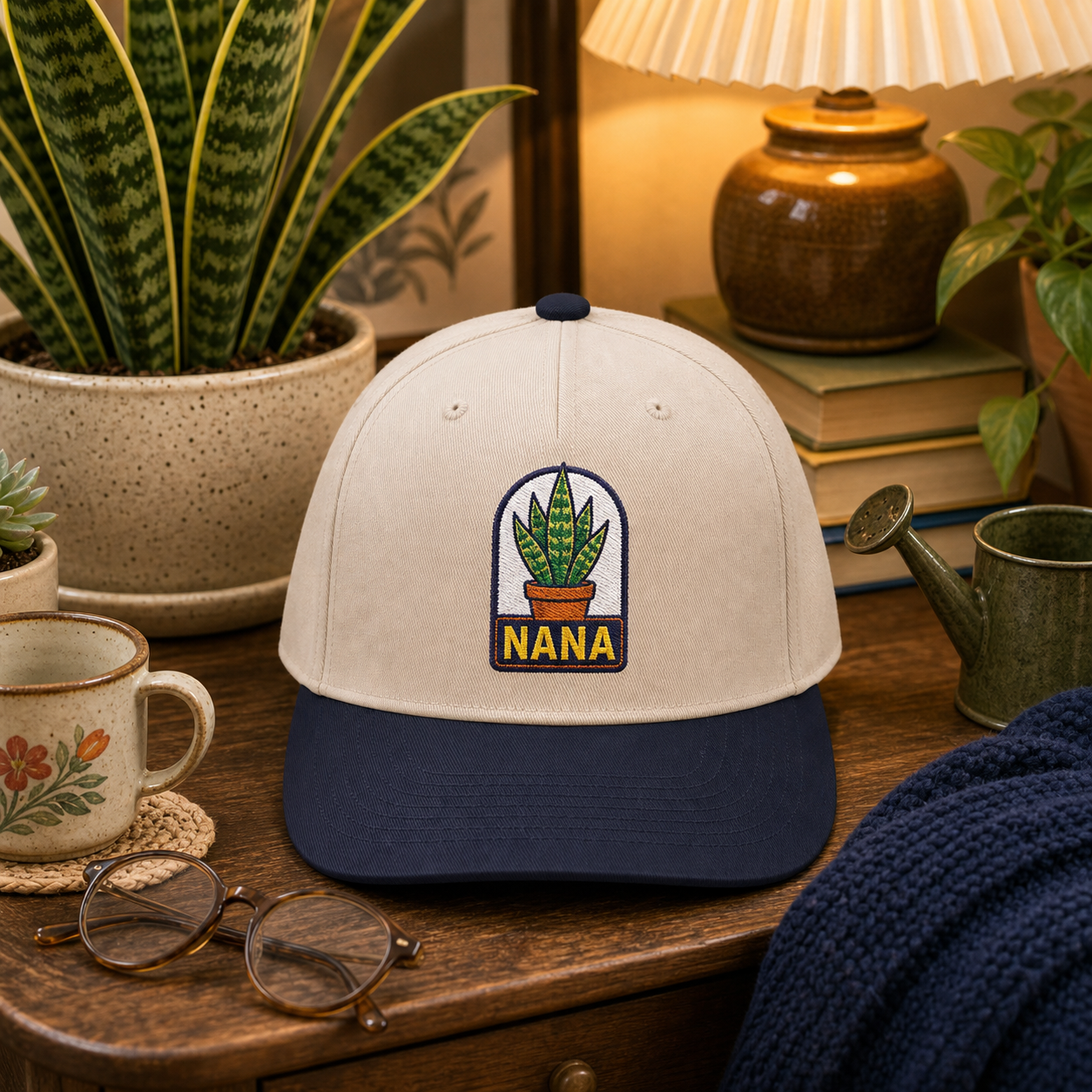 Nana Snake Plant embroidered hat in Navy / Natural in a cozy reading nook