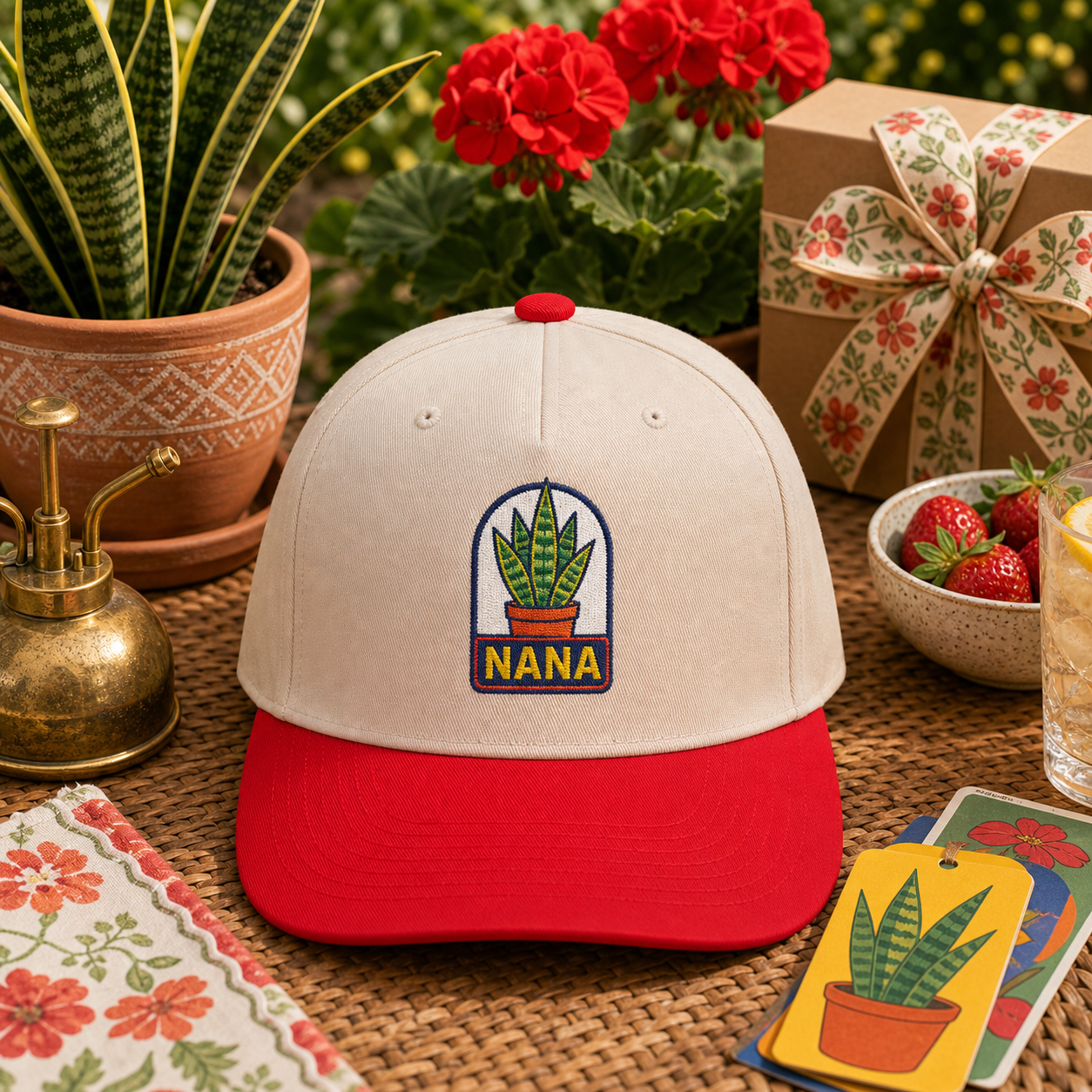 Nana Snake Plant embroidered hat in Red / Natural on a garden gift table