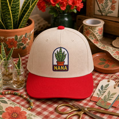 Nana Snake Plant embroidered hat in Red / Natural on a floral garden table