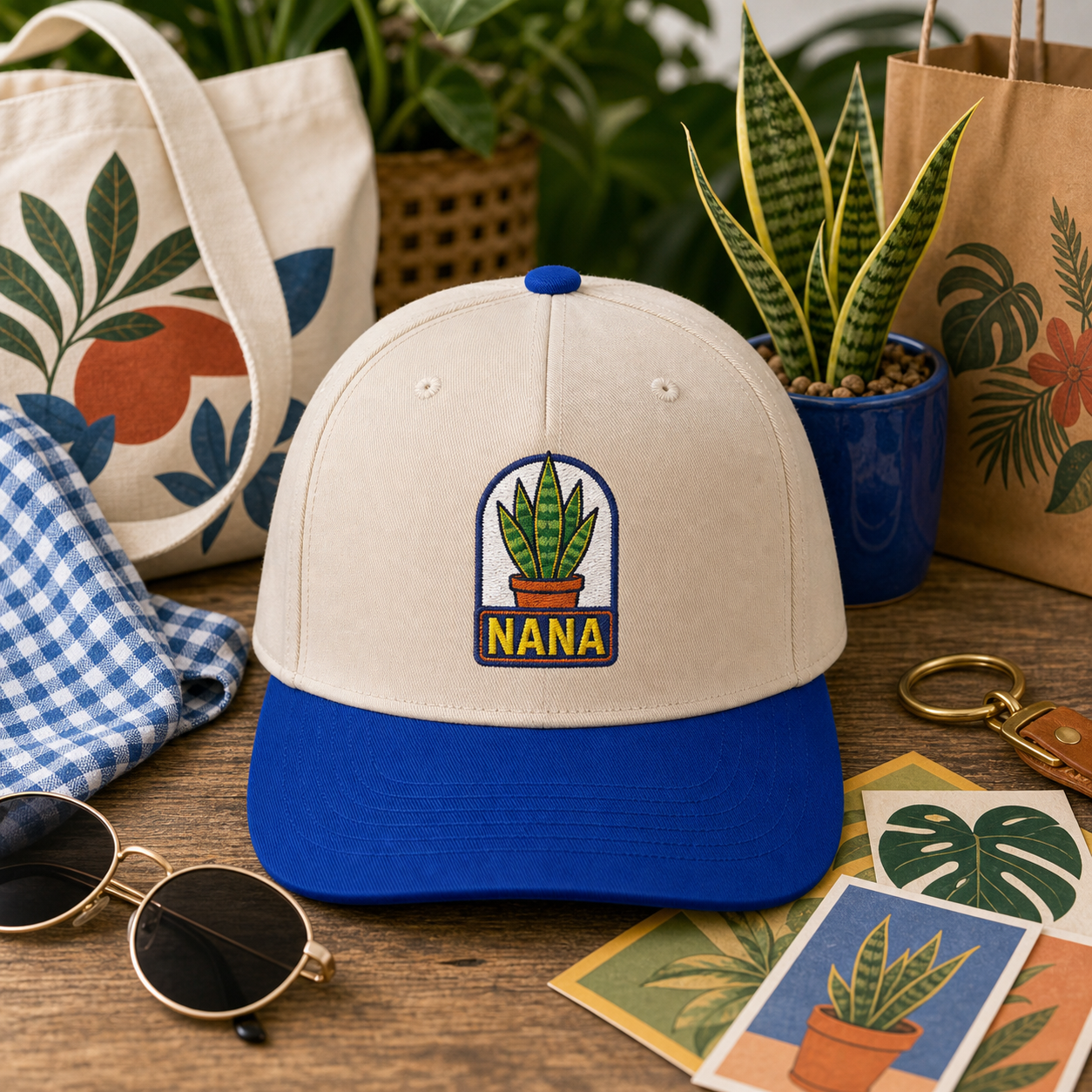 Nana Snake Plant embroidered hat in Royal / Natural with plant market outfit props