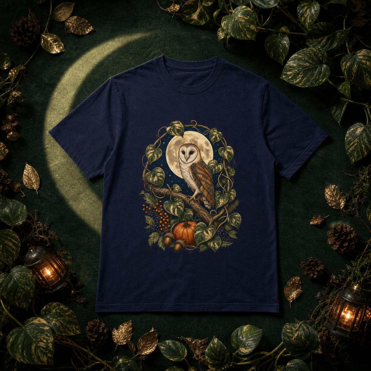 Owl and Pothos T-Shirt in a Halloween fall botanical flat lay