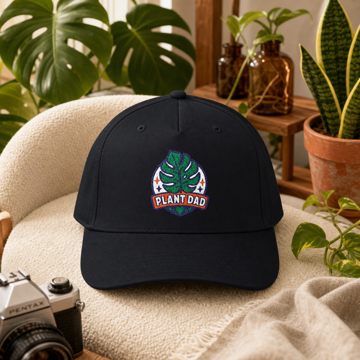 Plant Dad Hat in black styled in an indoor jungle apartment scene