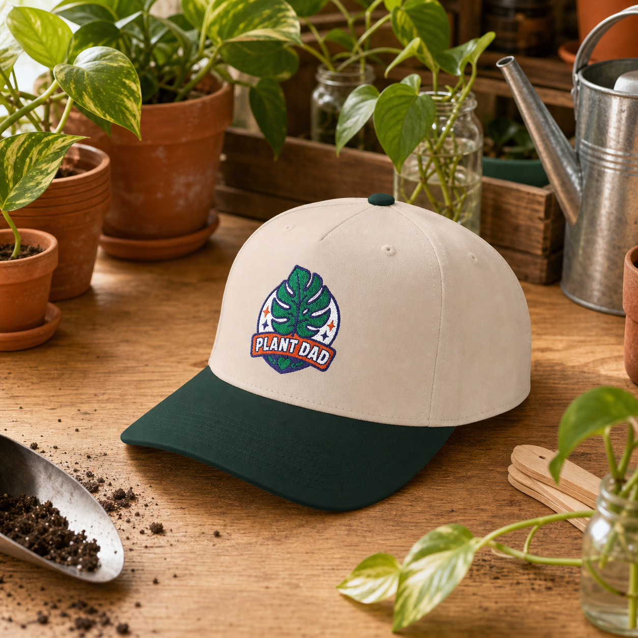 Plant Dad Hat in natural and forest green in a greenhouse plant care lifestyle scene