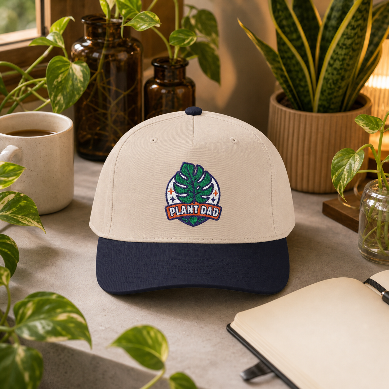 Plant Dad Hat in natural and navy styled in a cozy indoor plant shelf scene