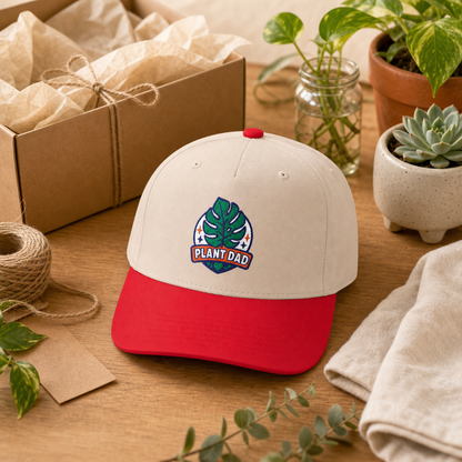 Plant Dad Hat in natural and red styled as a plant lover gift with botanical packaging