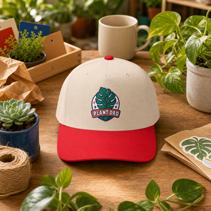 Plant Dad Hat in natural and red styled on a plant shop counter