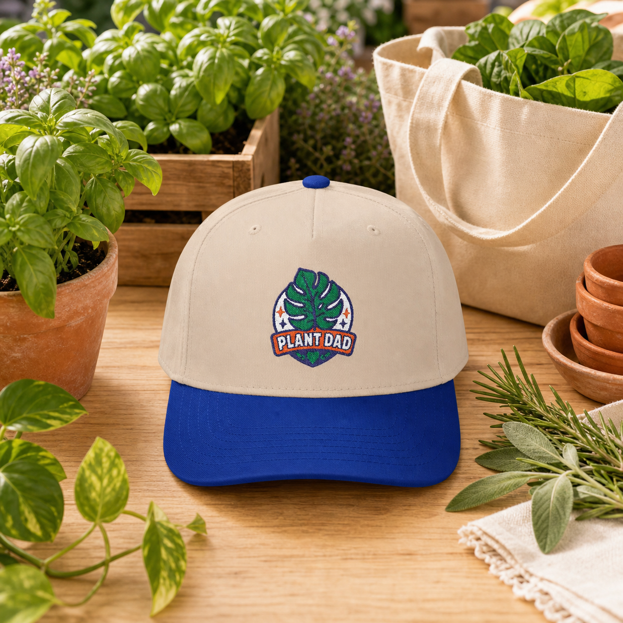 Plant Dad Hat in natural and royal blue styled at a plant market booth