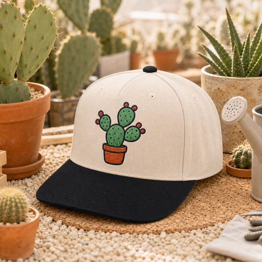 Prickly Pear embroidered hat in Black / Natural on a desert plant nursery table