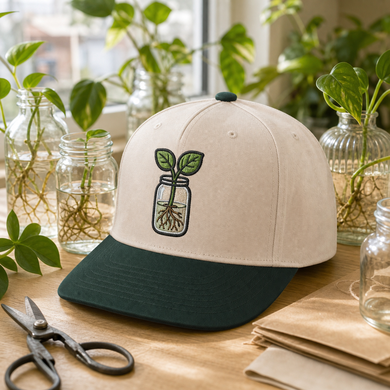 Propagation Jar embroidered hat in Dark Green / Natural on a sunny propagation windowsill