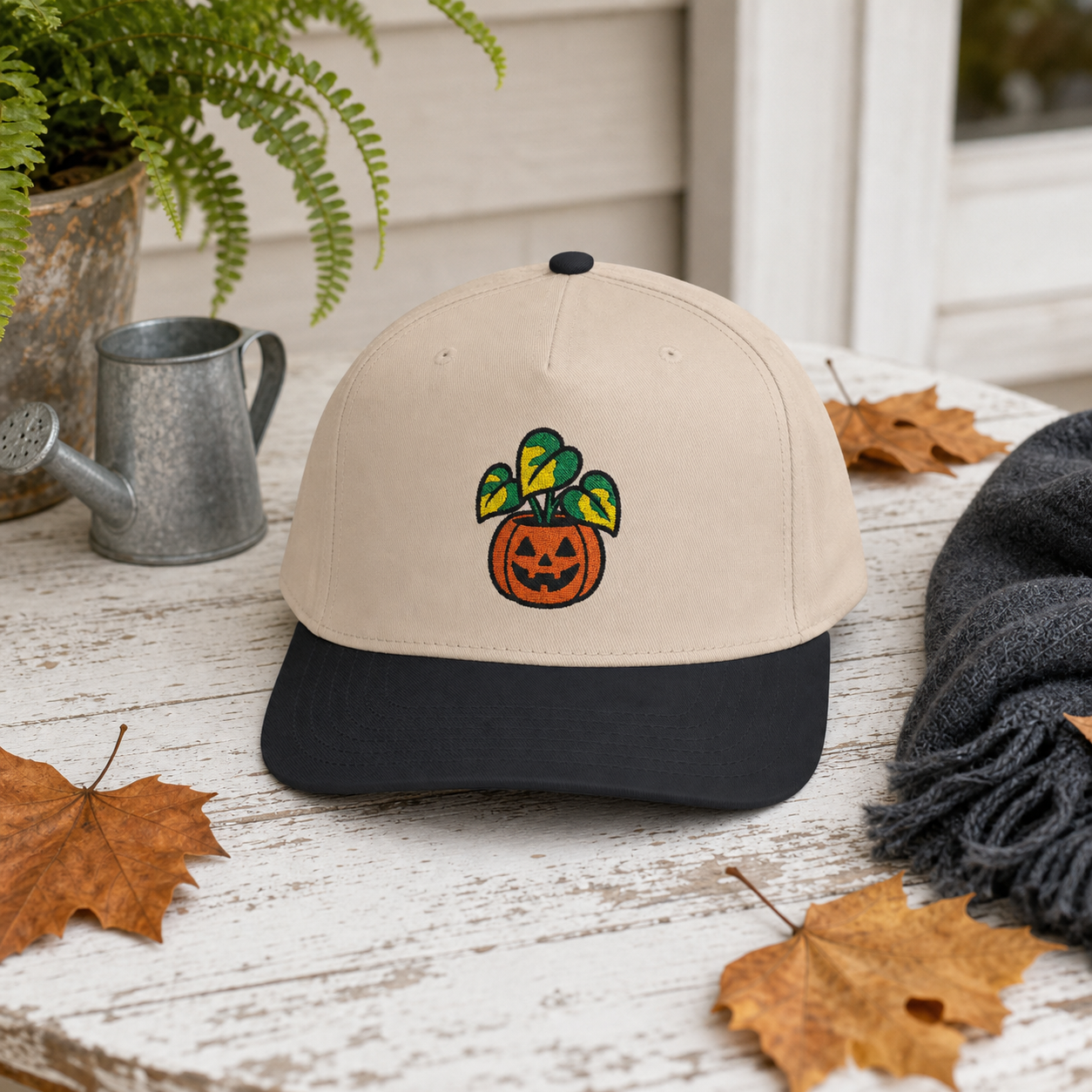Gourd and Growing Pothos embroidered hat in Black / Natural