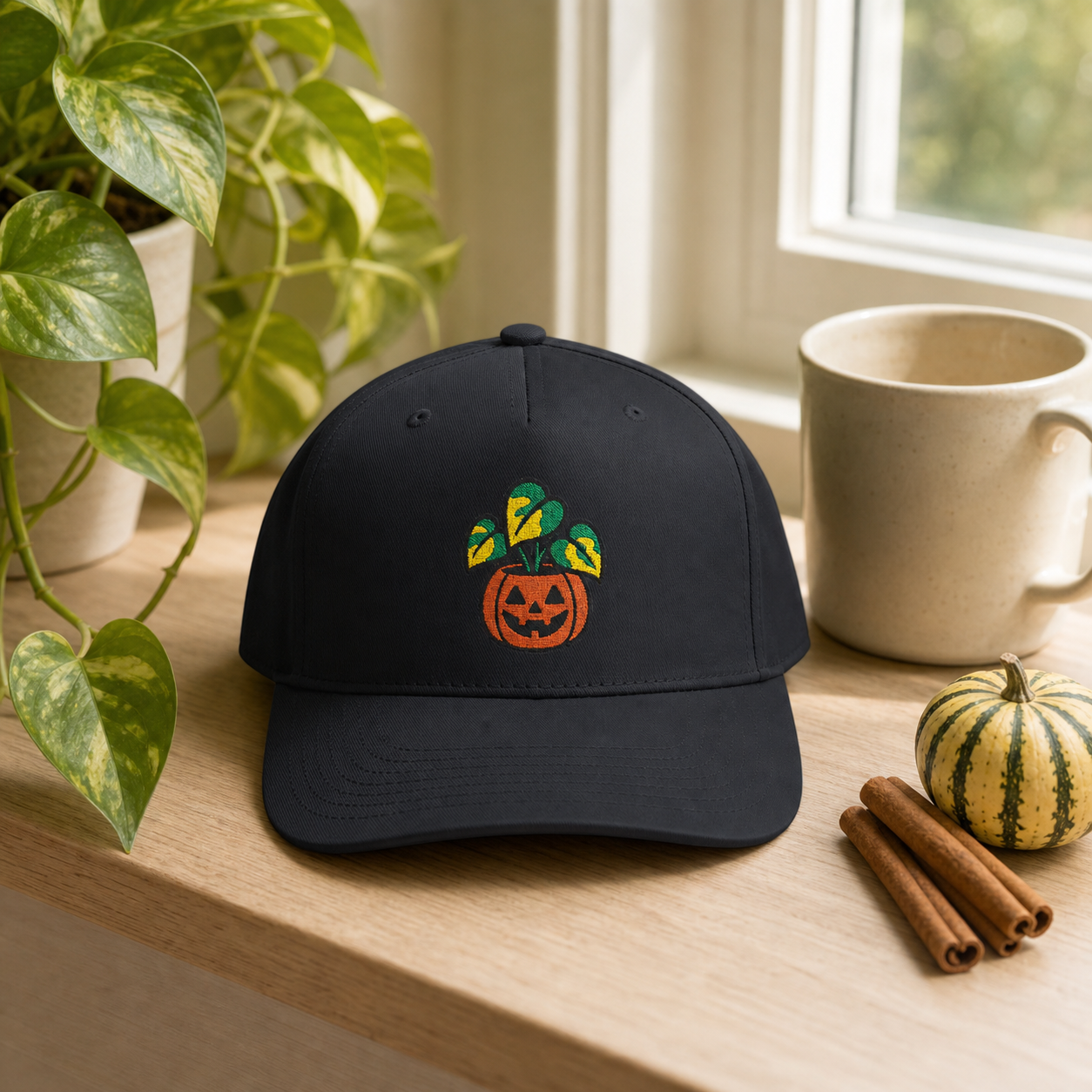 Gourd and Growing Pothos embroidered hat in Black