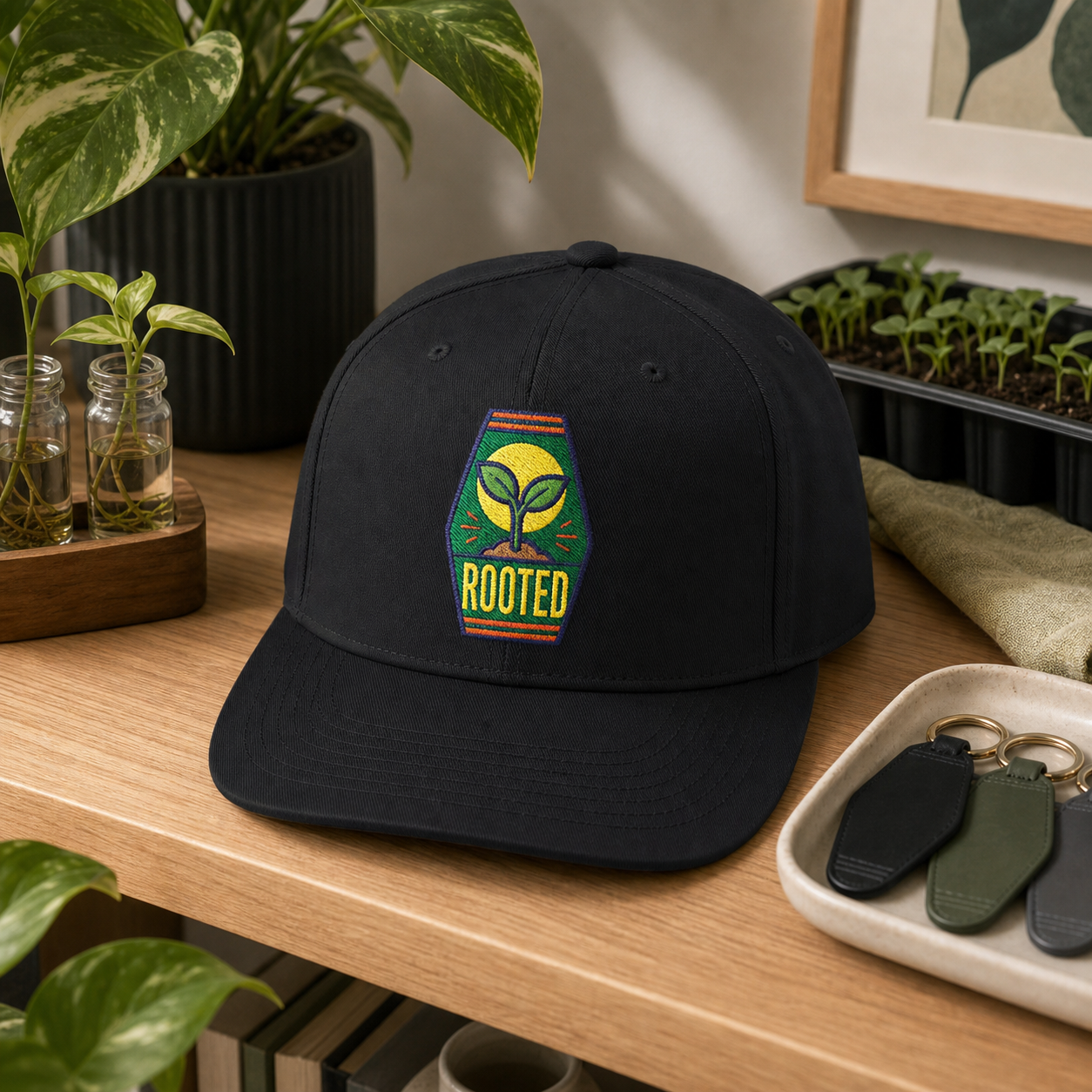 Rooted Sprout embroidered hat in Black on a modern plant shelf