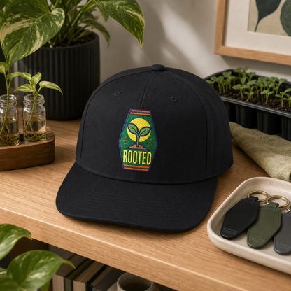 Rooted Sprout embroidered hat in Black on a modern plant shelf
