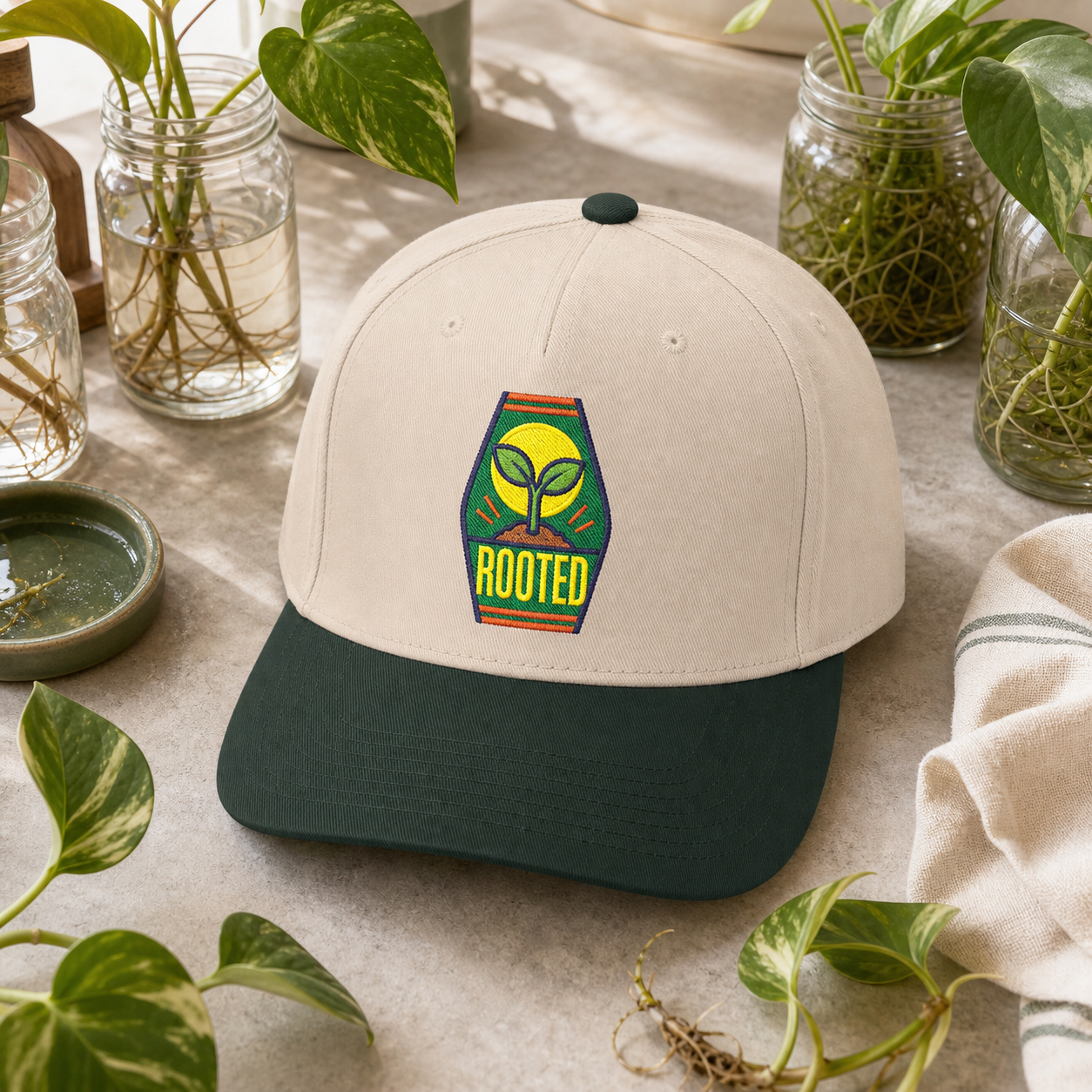 Rooted Sprout embroidered hat in Dark Green / Natural with propagation jars and plant cuttings