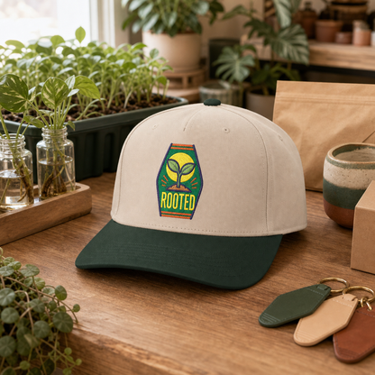 Rooted Sprout embroidered hat in Dark Green / Natural on a plant shop checkout counter