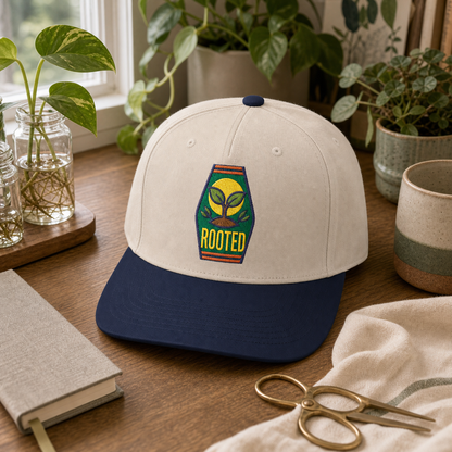 Rooted Sprout embroidered hat in Navy / Natural on a cozy propagation desk