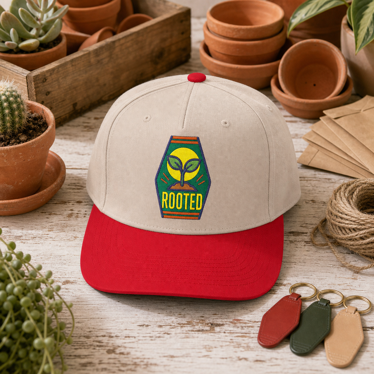 Rooted Sprout embroidered hat in Red / Natural on a retro roadside nursery table