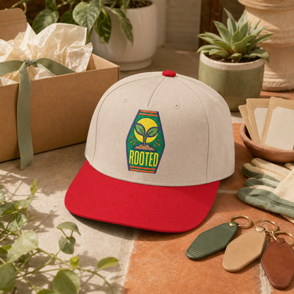Rooted Sprout embroidered hat in Red / Natural styled as a retro garden gift