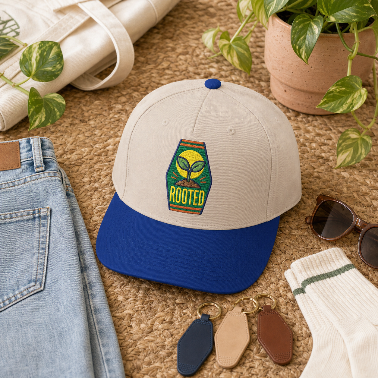 Rooted Sprout embroidered hat in Royal / Natural styled with a weekend plant market outfit