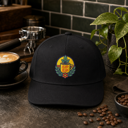 Sip Sip Coffee Plant embroidered hat in black styled on a moody espresso bar