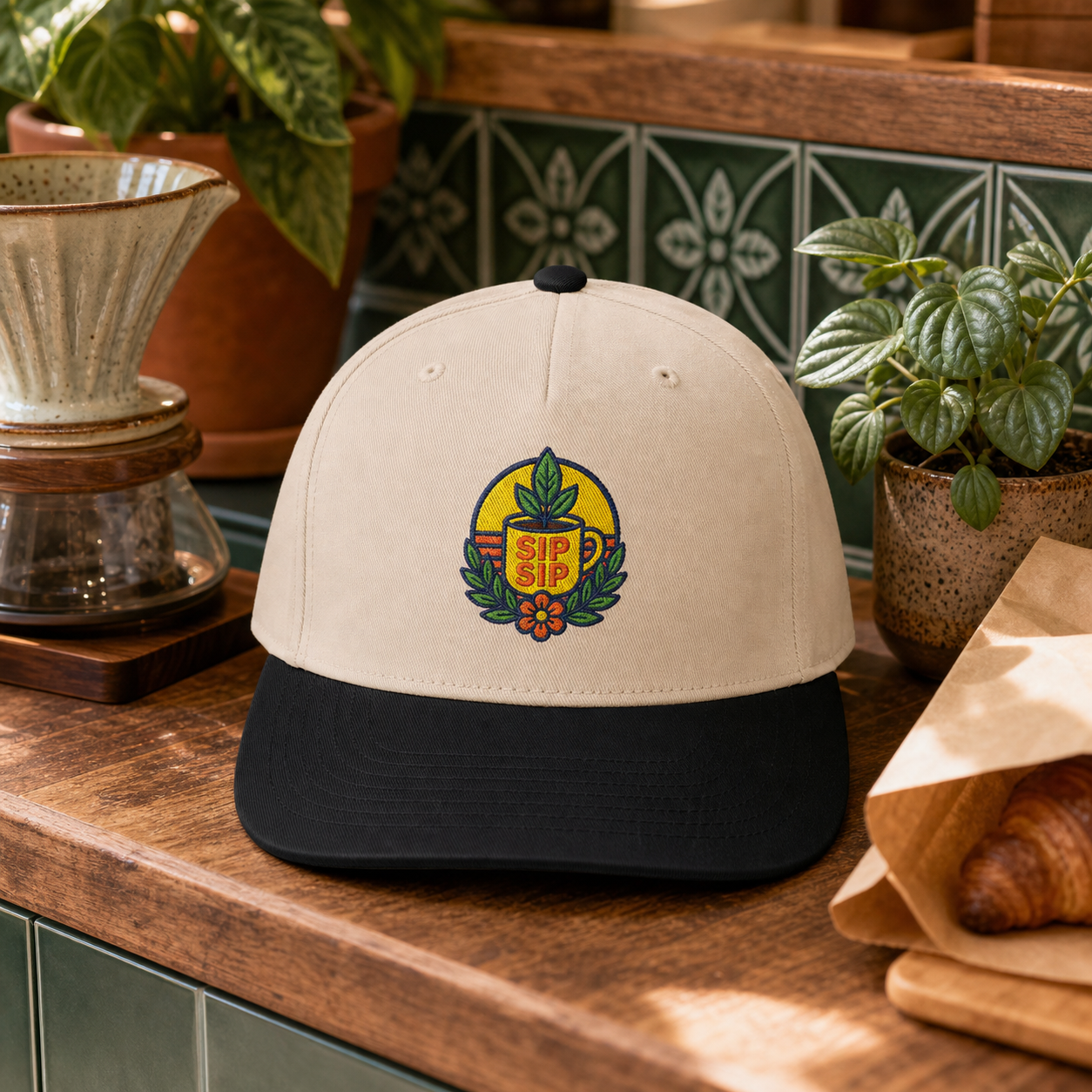 Sip Sip Coffee Plant embroidered hat in black and natural on a clean tile plant cafe counter