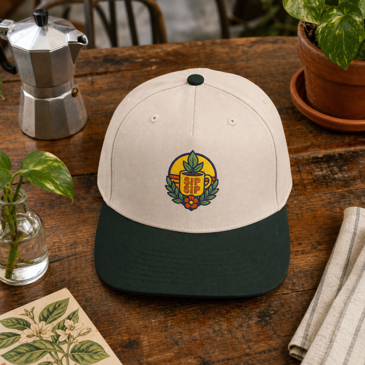 Sip Sip Coffee Plant embroidered hat in dark green and natural on a moka pot plant cafe table