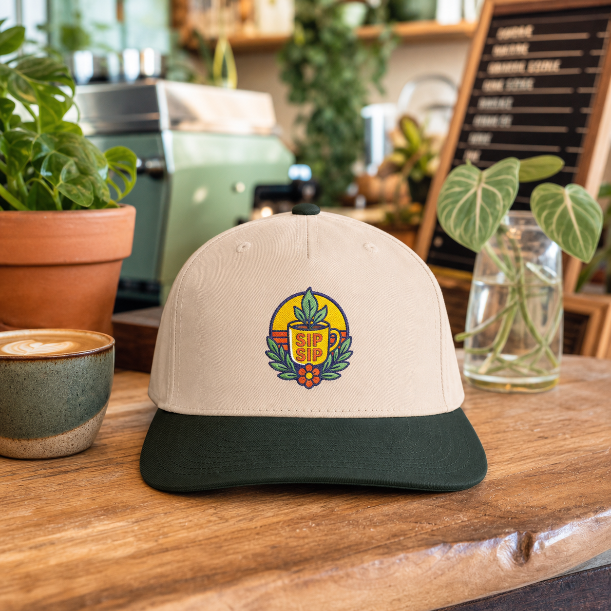Sip Sip Coffee Plant embroidered hat in green and natural on a cozy plant cafe counter
