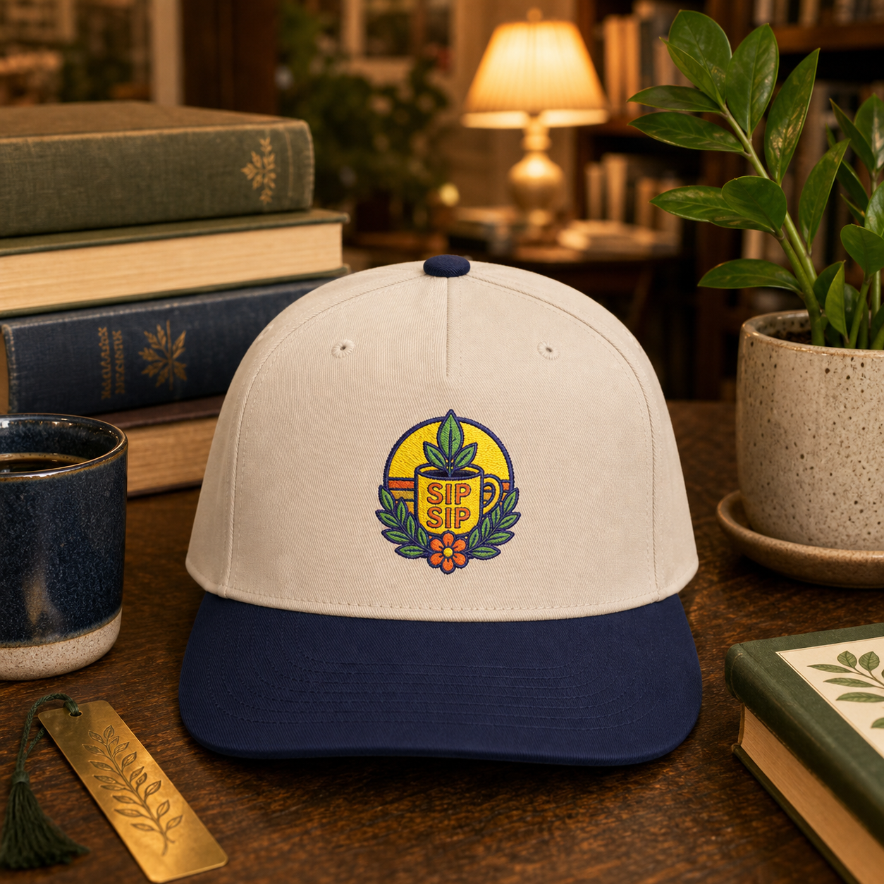 Sip Sip Coffee Plant embroidered hat in navy and natural on a cozy bookstore cafe table