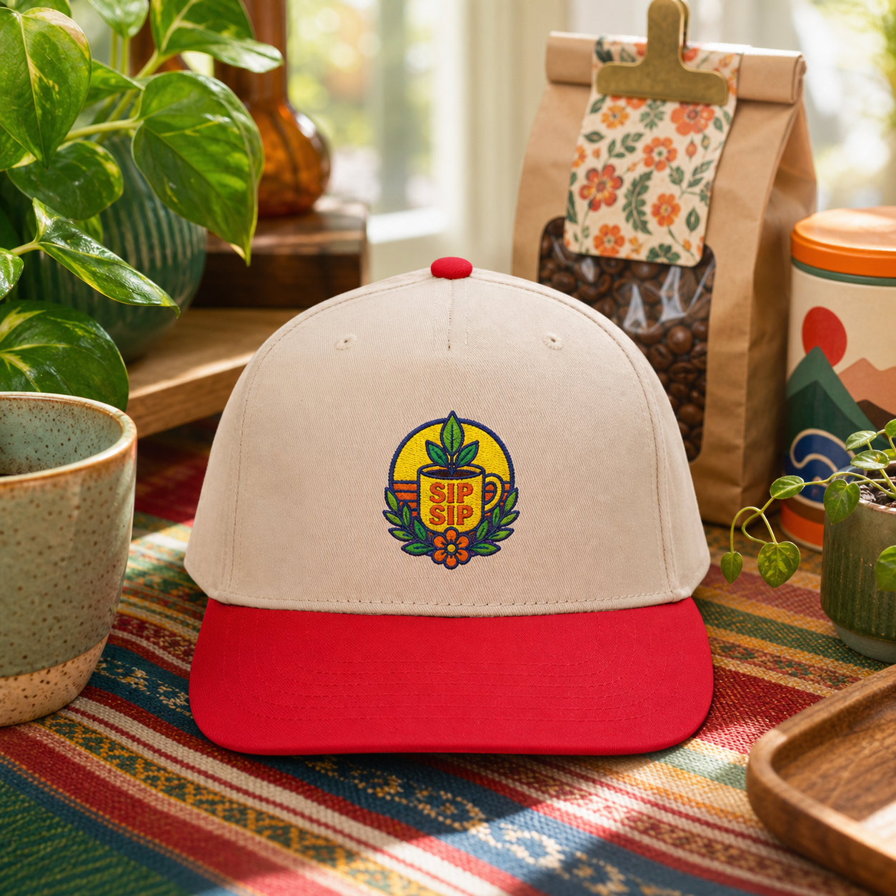 Sip Sip Coffee Plant embroidered hat in red and natural styled as a coffee lover gift