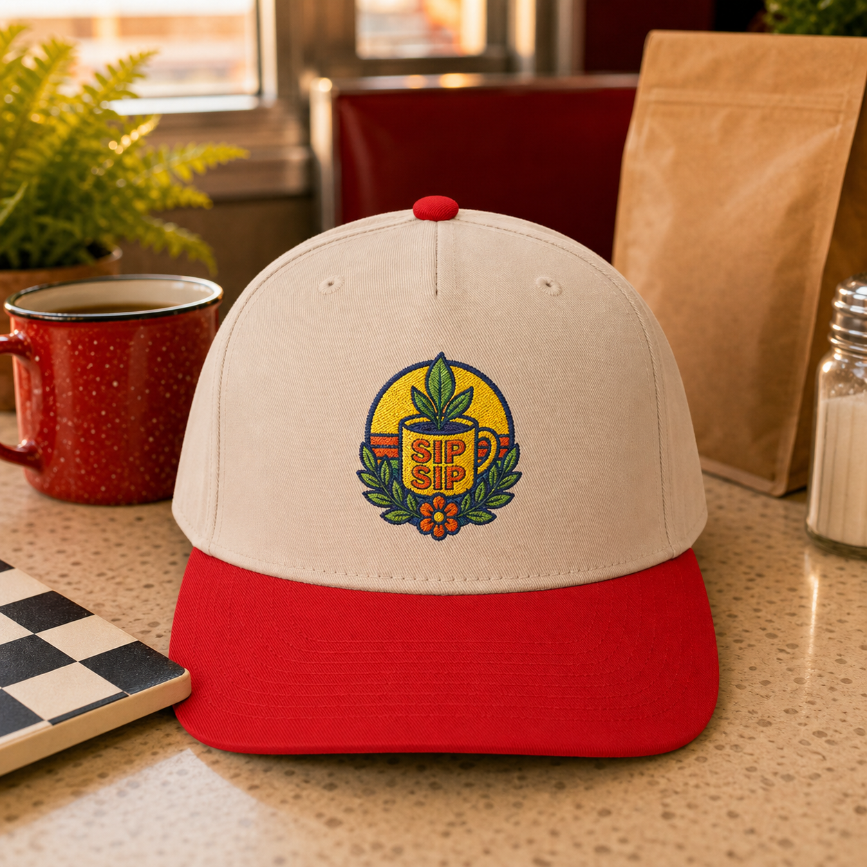Sip Sip Coffee Plant embroidered hat in red and natural on a retro diner cafe table